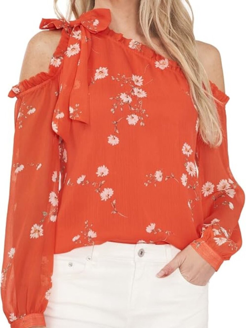 CeCe Women’s XL Orange Floral Cold Shoulder Blouse Tie Neck Long Sleeve Top